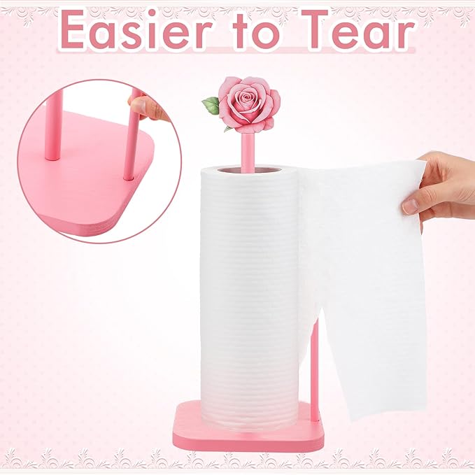Leinuosen Pink Rose Paper Towel Holder Coquettish Cute Rose Wooden Paper Towel Holder Pink Bathroom Countertop Accessories Kitchen Roll Stand Organizer Standing Apartment Decor Housewarming Gift