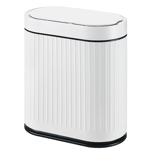 ELPHECO Bathroom Trash Can with Lid 2 Gallon Motion Sensor Garbage Can 7.5 Liter Small Trash can Touchless Bathroom Decor Waterproof Smart Waste Bin with Stripes for Bedroom, Office (White-Black)