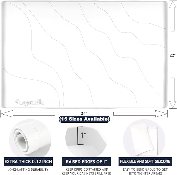 Heavy Duty Silicone Under Sink Mats for Kitchen Waterproof 40" x 19", Extra Thick Under Sink Rubber Mat Drip Tray, Raised Edge Under Sink Liner,Prevent Drips, Leaks, Spills,White