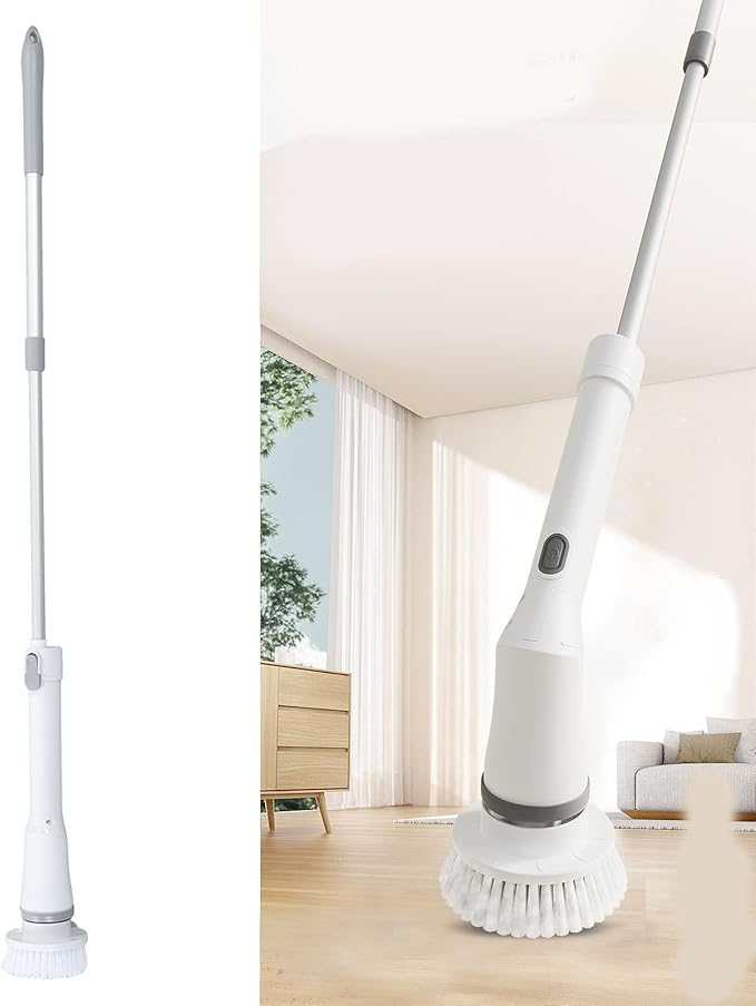 Pilipane Electric Spin Scrubber Cordless Power Cleaning Brush with 6 Replaceable Heads Adjustable Extension Handle for Bathroom Tile Floor Shower Tub White