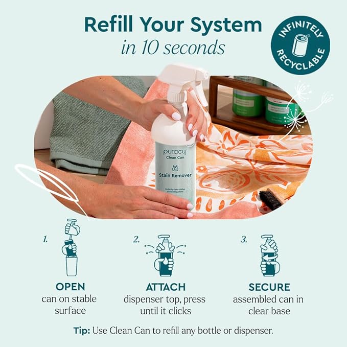 Puracy Laundry Stain Remover Clean Can Bundle - Starter Set and 3 Pack Refill, Fabric Stain Remover for Clothes Laundry, Active Enzyme Stain Treater - Free & Clear