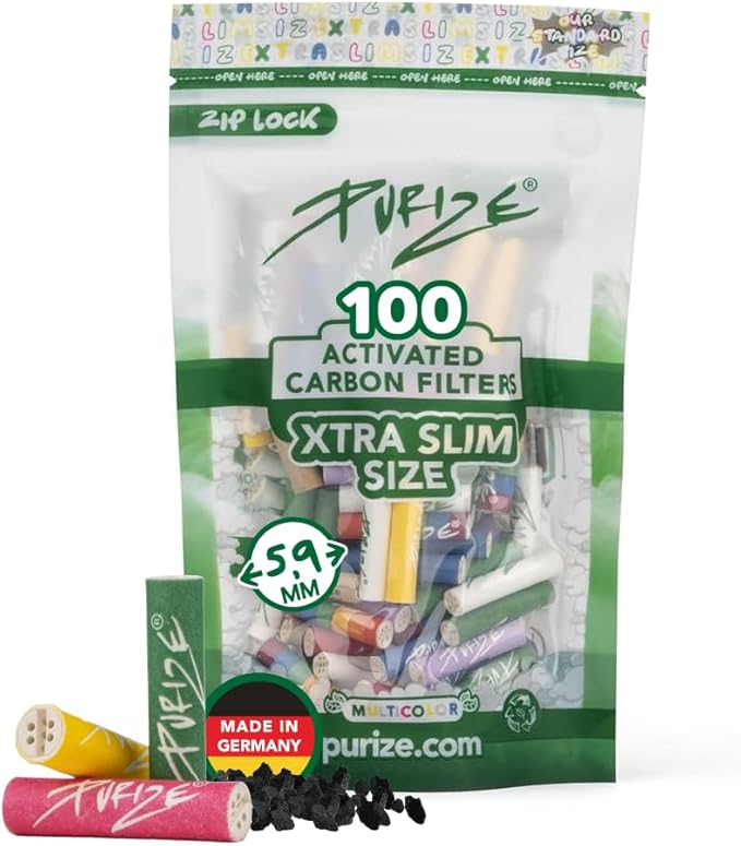PURIZE® - Activated Charcoal Filter 100 Pieces Pack Xtra Slim Size 5.9mm in a resealable Storage Bag - 100 Colorful filtertips with Ceramic caps for Improved Airflow - Tips Ideal for longpapers