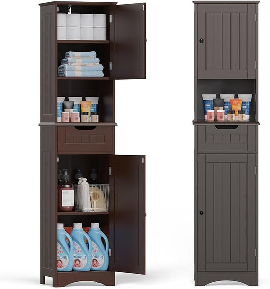Gizoon 67" H Tall Bathroom Cabinet, Storage Cabinet with 2 Doors & Drawer, Narrow Linen Tower Freestanding Adjustable Shelves for Home, Kitchen, Versatile, Anti-Tipping, Dark Brown | Tall, 2 Doors, Drawer, Narrow, Freestanding, Adjustable Shelves