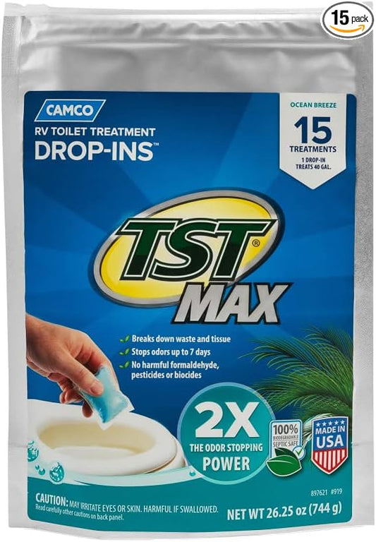 Camco TST MAX RV Toilet Treatment Drop-INs - Control Unwanted Odors and Break Down Waste and Tissue - Septic Tank Safe - Ocean Breeze Scent - 15-pack (41614)