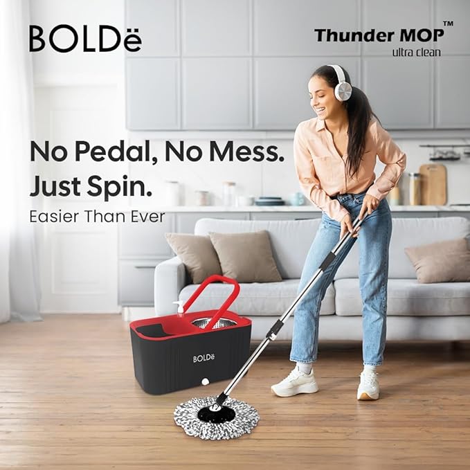 Thunder MOP Spin System - Ultra Clean - Single Bucket Microfiber Head, Stainless Steel Wringer, Antifungal Quick-Dry Cleaning, Soap Dispenser, 3 Free Refills (Forest/Lime)