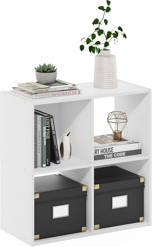Furinno PELLI Book Shelf, 4 Cube Bookshelf with Open Back & Closed Back Cubes, 2 x 2 Storage Organizer Cabinet, 11.6" x 24.2" x 24.2", for Living Room, Bedroom, Home Office, White
