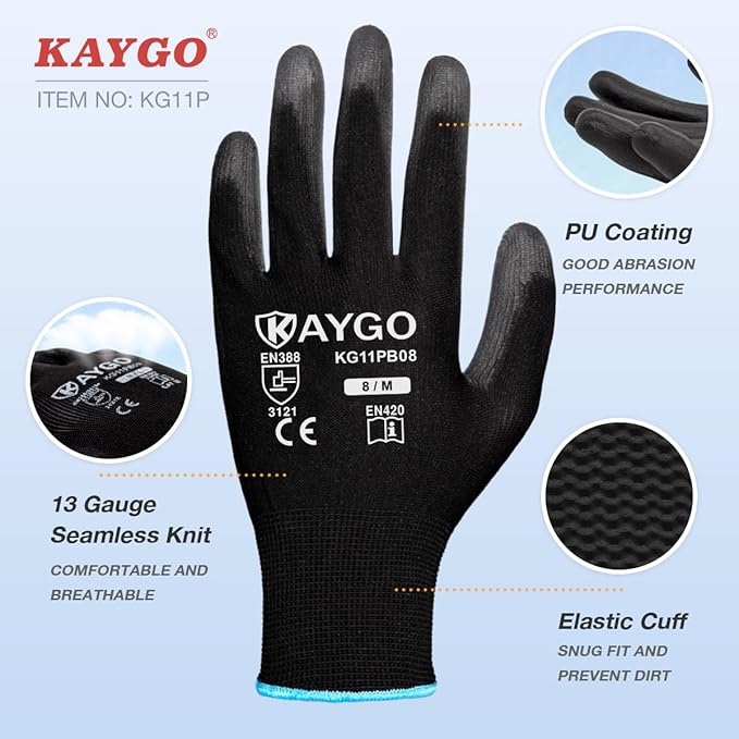 KAYGO Work Gloves for Men and Women,60 Pairs Seamless Knit PU Coated Safety Gloves, with Smooth Grip on Palm and Fingers, Ideal for Light Warehouse, Manufacturing, Gardening, KG11P (XL, Black)