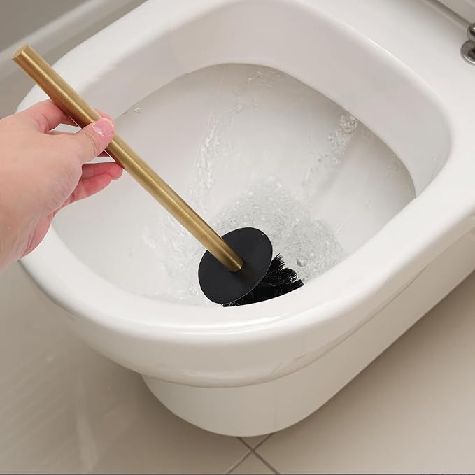 TIDTALEO Toilet Bowl Brush with 304 Stainless Steel Holder, Round Gold Finish, 3 Replaceable Brush Heads, Bathroom Cleaning Tool for Home and Office Use