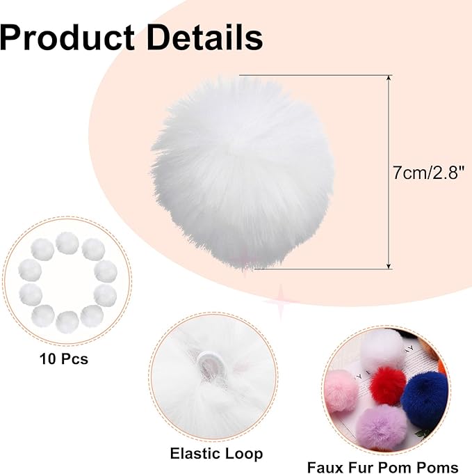 uxcell 2.8 Inch Faux Fur Pom Pom Balls, 10 Pcs White Fluffy Soft Faux Fur Pom Poms for Hats with Elastic Loop for DIY Knitting Hats Keychain Scarves Gloves Bags Shoes Accessories