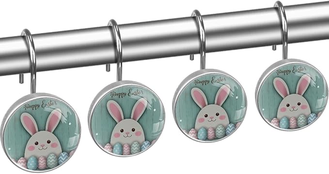 Rural Teal and Easter Bunny Crystal Glass Shower Curtain Hooks for Bathroom Shower Rod, 12Pcs Round Home Decorative Shower Curtain Rings, Bathroom Bedroom Living Room Accessories