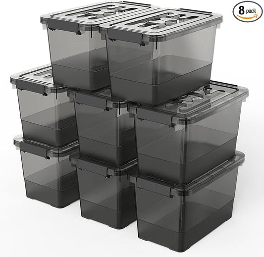 8-Pack Clear Black Plastic Storage Bins with Lids/Handles, 7 Quart Latch Organizer Boxes, Stackable Storage Containers for Organizing