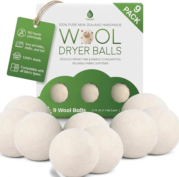 Pursonic Laundry Wool Dryer Balls 9-Pack, XL Size Made with 100% Pure New Zealand Wool - Natural Reusable Fabric Softener Balls for Drying Time & Energy Consumption - Reduces Clothing Wrinkles & Lint