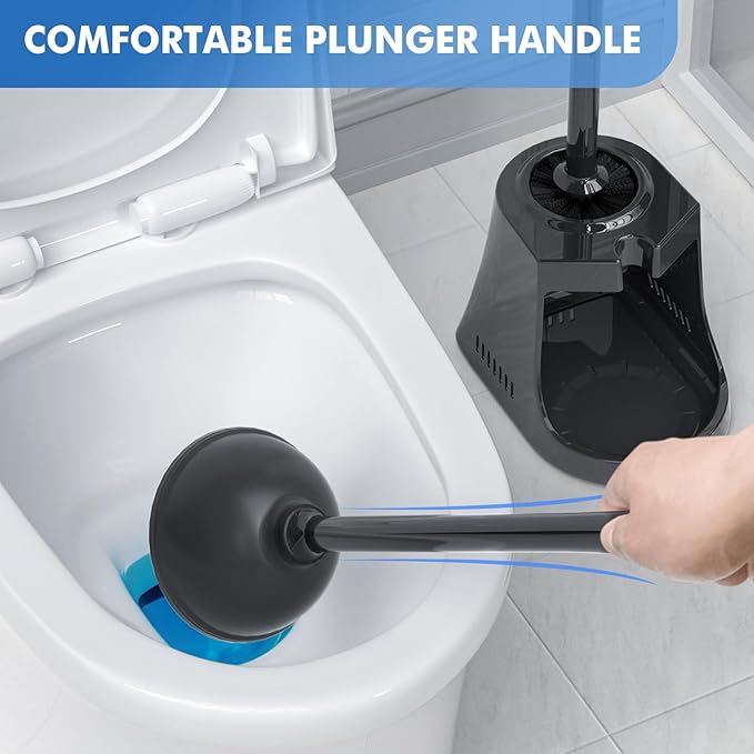 Toilet Plunger and Brush, Bowl Brush and Heavy Duty Toilet Plunger Set with Ventilated Holder, 2-in-1 Toilet Brush and Plunger Combo for Bathroom Cleaning (2, Black)