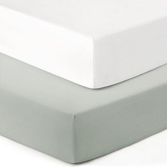 GRSSDER Jersey Crib Sheets for Boys and Girls, Stretchy Ultra Soft Crib Fitted Sheets Set 2 Pack, Universal Fit All Standard Crib Mattress Pads Safe and Snug, Natural White/Gray
