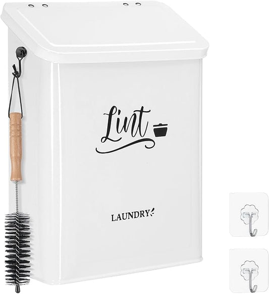CINPIUK Magnetic Lint Bin for Laundry Room with Brush & Hook - Large Laundry Organizer and Storage, Wall Mounted Trash Can with Lid, Space-Saving Dryer Lint Holder Laundry Room Decor, White