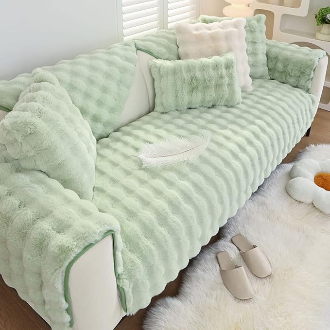Soft Warm Faux Fur Couch Sofa Cover Thick Shaggy Fuzzy Sectional Couch Cover Non-Slip Solid Color Plush Sofa Slipcover Furniture Protector for Kids, Pets (Light Green,36"x70")