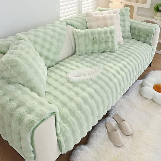 Soft Warm Faux Fur Couch Sofa Cover Thick Shaggy Fuzzy Sectional Couch Cover Non-Slip Solid Color Plush Sofa Slipcover Furniture Protector for Kids, Pets (Light Green,36"x94")