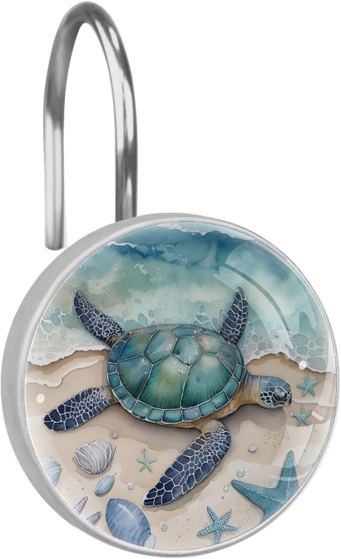 Beach Sea Turtle Shower Curtain Hooks Rings, Stainless Steel Rust Proof Shower Curtain Hooks, Decorative Shower Hooks for Bathroom Shower Rods Curtains, Set of 12