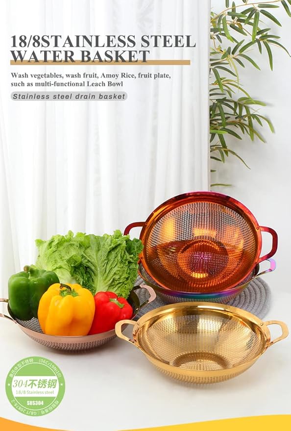 Stainless Steel Colander With Handle and Legs Drain Basket for Pasta, Spaghetti, Berry, Veggies, Fruits, Noodles, Salads, Fruit Colander Strainer Metal Rice Sieve Kitchen Utensils-Red