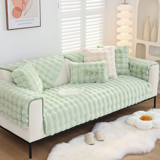 Soft Warm Faux Fur Couch Sofa Cover Thick Shaggy Fuzzy Sectional Couch Cover Non-Slip Solid Color Plush Sofa Slipcover Furniture Protector for Kids, Pets (Light Green,36"x63")