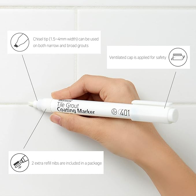 MONAMI Tile Grout Coating Marker 401, Chisel Tip (1.5~4mm), Repair Marker with Replaceable Nib Tips to Restore Grout Lines, Beige, 1 Marker + 2 Extra Tips
