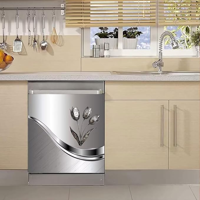 Generic Stainless Steel Effect Kitchen Decoration Dishwasher Cover Magnetic,Metal Flower Pattern Refrigerator Decor Magnet Sticker, Dishwasher Panel Decal, 23"" x 26"" Magnetic, Rimyy111-2
