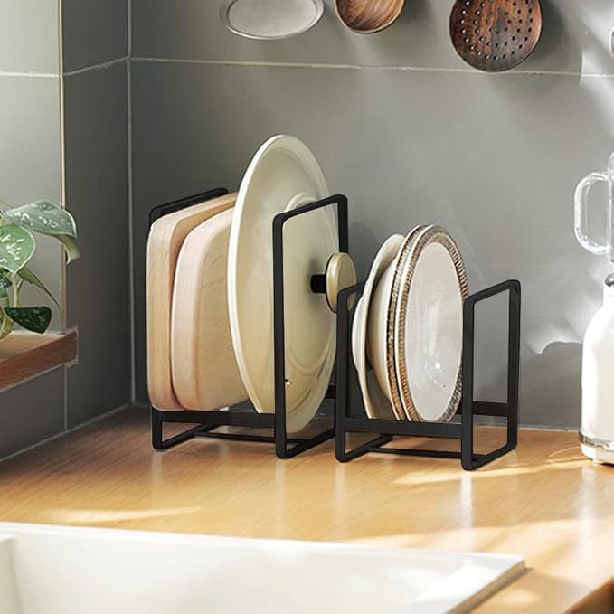 2PCS Plate Holders Organizer, Metal Dish Storage Dying Display Rack for Cabinet, Counter and Cupboard - Black， Small and Large