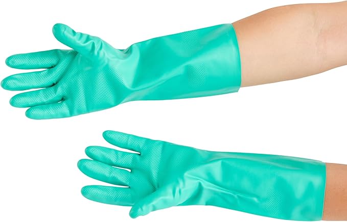 Restaurantware Green Cleaning Gloves 10 Pairs 15 Mil Thick Medium Heavy-Duty Nitrile Gloves With Long Cuff No-Latex Flock Lining For Use In Hospitals, Laboratories, Kitchens and Households