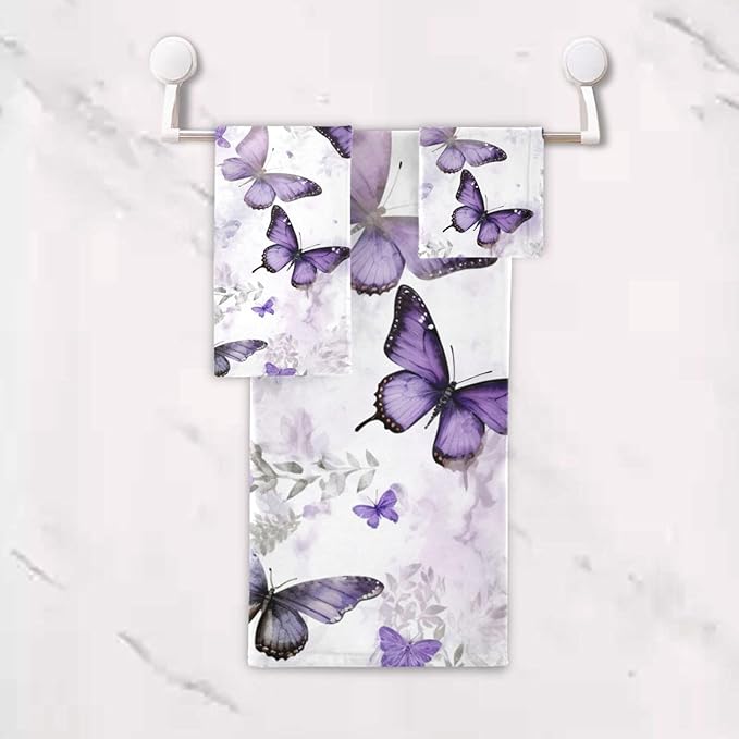 Purple Butterfly Bath Towels Set,Ultra Soft 3 Piece Vintage Watercolor Floral Butterflies Towels for Bathroom,1 Bath Towel 1 Hand Towel 1 Washcloth,Absorbent Decoractive Guest Bathroom Towels