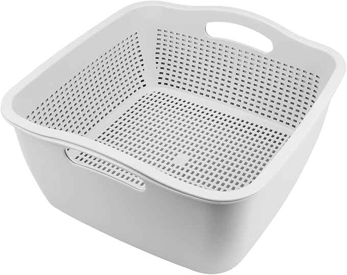 Double-layer Draining Basket Plastic Fruits Vegetable Washing Basket Food Storage Basket Multi-layer Stackable Vegetable Sinks Wash Drain Basket for Kitchen （Grey）