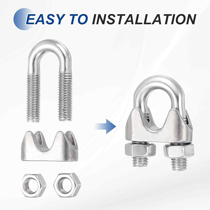 MECCANIXITY 10Pcs Wire Rope Cable Clip Clamps 1/2 Inch M12 Small 304 Stainless Steel U Bolt Saddle Fasteners Hardware for Secure Rigging Marine Guy Line Fence Clothesline, Silver