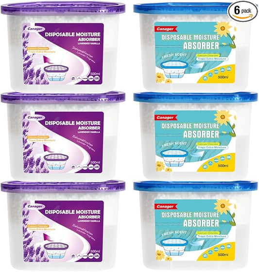 CANAGER Lavender Vanilla,Fresh Scent, Moisture Absorber Box,Odor Eliminator and Dehumidifier Boxes for Closet,Bedroom,Kitchen,Bathroom-6 Packs,Cups - Traps Moisture for Fresher, Cleaner Air