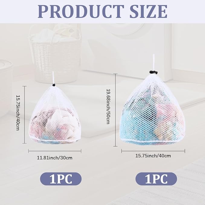 CRASPIRE 2Pcs 2 Styles Drawstring Laundry Mesh Bag White Polyester Rectangle Locking Closure Handy Oxford Dirty Clothes Large Heavy Duty Pouch for Apartment Dorm Washing Machine Travel Garment