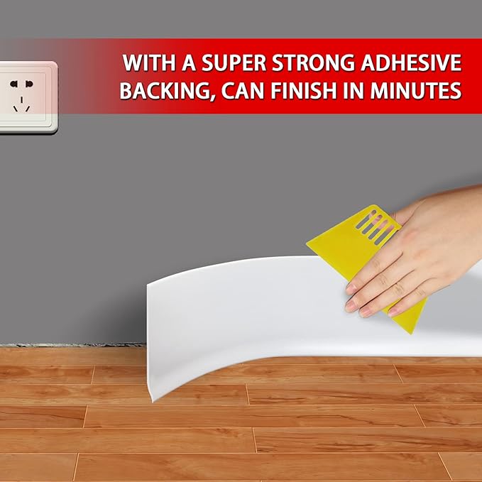 Vinyl Wall Base Baseboard Molding Trim 6" Flexible Self Adhesive Rubber Wall Base Moulding Trim Peel and Stick Design, 6 Inch x 60 Feet, White