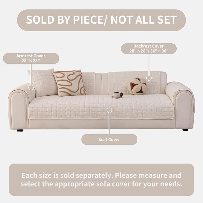 Velvet Sofa Covers Washable, Plush Warm Couch Cover for Sectional Sofa, Funny Fuzzy Couch Covers for Pets&Kids, Non-Slip Sectional Sofa Cover(1PC, Beige White, 35.4"×82.7", Large Sectional)