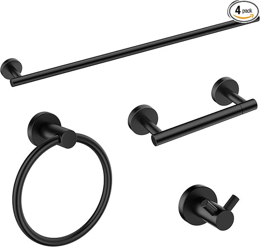FORIOUS Bathroom Hardware Accessories Set, SUS304 Stainless Steel Towel Bar Set, Modern Towel Racks Holder for Bathroom, Toilet Paper Holder Wall Mounted 4 Pieces(24" Bar, Matte Black)