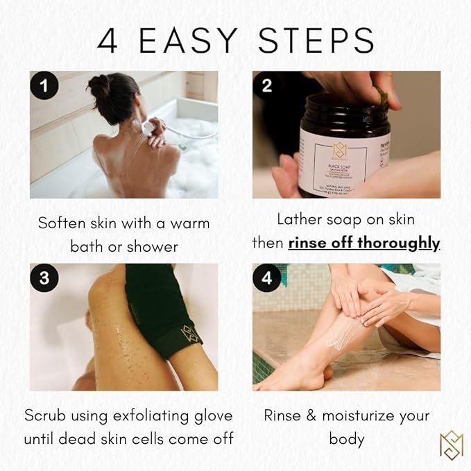 Exfoliating Glove Kessa Mitt Body Scrubber – Dead Skin Remover Shower Glove for Deep Pore Cleansing, Black Soap, and Moisturizer with Argan Oil by Moroccan Source – 3 Piece Spa Set Kit