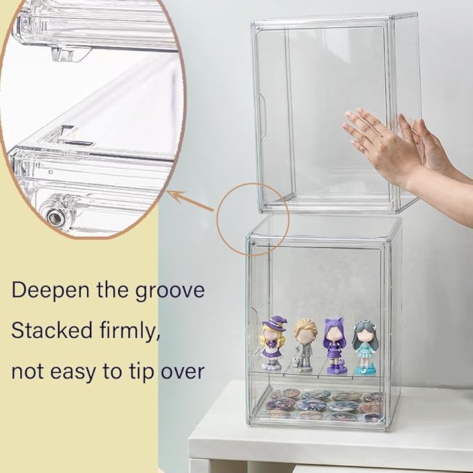 X-Large Clear Acrylic Display Case for Collectibles, Storage Bins/Box with Magnetic Lid and Stackable Design, 3 Adjustable Layers, Display Box for Shoes, Dolls, Purses, Toys, Cosmetics