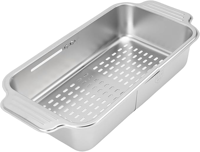 AYNEFY Extendable Over The Sink Basket Expandable Stainless Steel Colander 304 Food Grade Strainer for Washing Vegetables Fruits Pasta Dishes with Rubber Grip Handles (L)