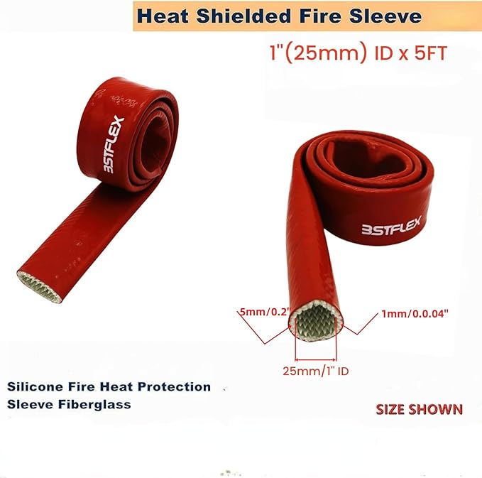 1"(25mm) ID Heat Shielded Fire Thermo Armor Fire Sleeve Silicone Coated Fiberglass for Automotive Hose Lines & Electrical Wiring Red, 5 feet