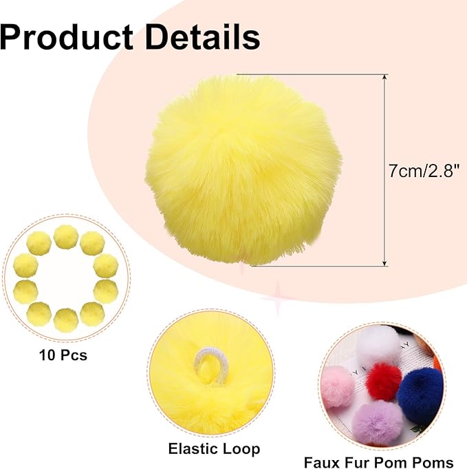 uxcell 2.8 Inch Faux Fur Pom Pom Balls, 10 Pcs Yellow Fluffy Soft Faux Fur Pom Poms for Hats with Elastic Loop for DIY Knitting Hats Keychain Scarves Gloves Bags Shoes Accessories