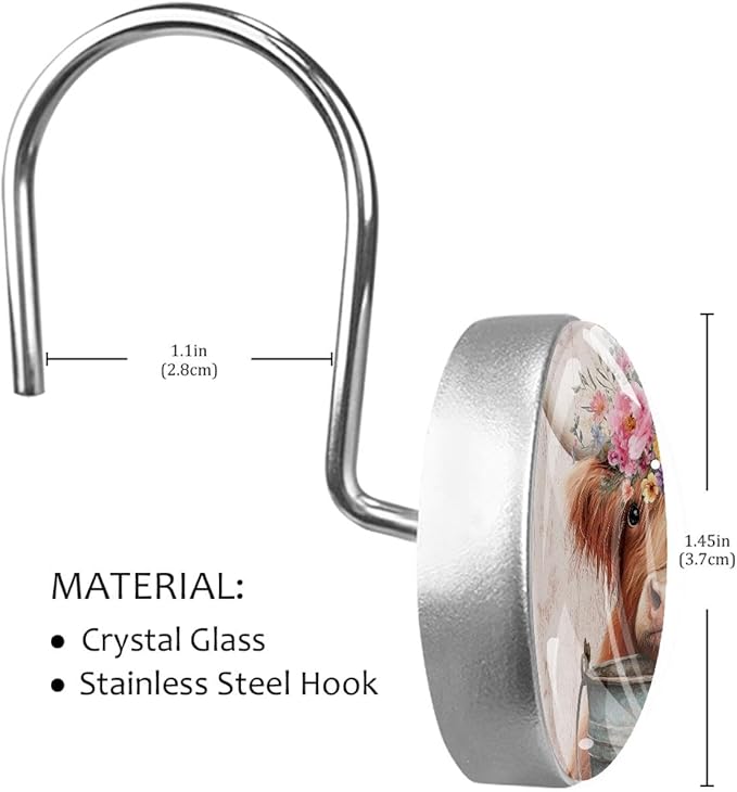12 Packs Highland Cow with Flowers Shower Curtain Hooks, Stainless Steel Glass Shower Curtain Rings for Bathroom Decor, Rustproof Metal Curtain Rod Hooks
