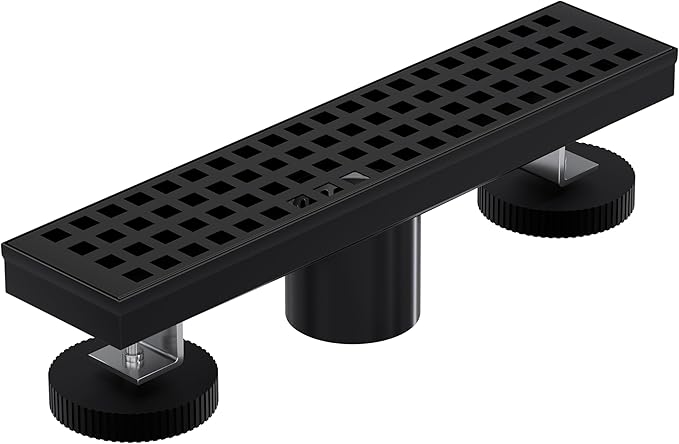 Linear Shower Drain 12 Inch, Modern Rectangle Shower Floor Drain with Removable Quadrato Pattern Grate, Stainless Steel SUS 304, Linear Drain with Leveling Feet& Hair Strainer