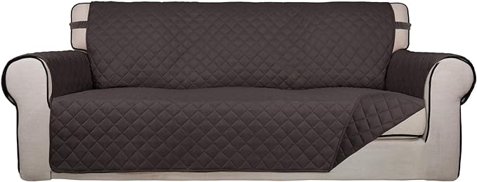 PureFit Reversible Quilted Sofa Cover, Water Resistant Slipcover Furniture Protector, Washable Couch Cover with Non Slip Foam and Elastic Straps for Kids, Pets (X Large, Chocolate/Chocolate)