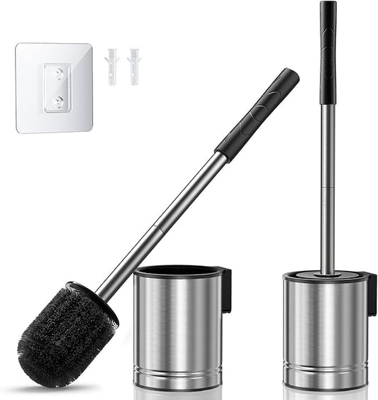 HAMITOR Toilet Brush and Holder Set: 2 Pack Stainless Steel Rustproof Kits with Deep Cleaning Bristles - Hidden Toilet Cleaner Scrubber for Homeowners - Compact Bathroom Accessories for Home RV Silver