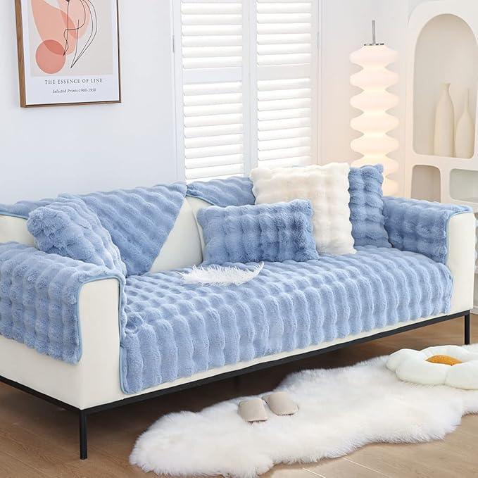Soft Warm Faux Fur Couch Sofa Cover Thick Shaggy Fuzzy Sectional Couch Cover Non-Slip Solid Color Plush Sofa Slipcover Furniture Protector for Kids, Pets (Light Blue,43"x82")