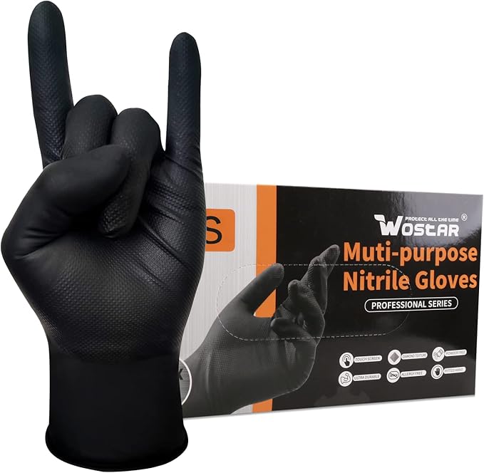 Wostar 8mil Black Nitrile Gloves Small 100Pcs Disposable Powder & Latex Free Diamond Textured Heavy Duty Black Gloves