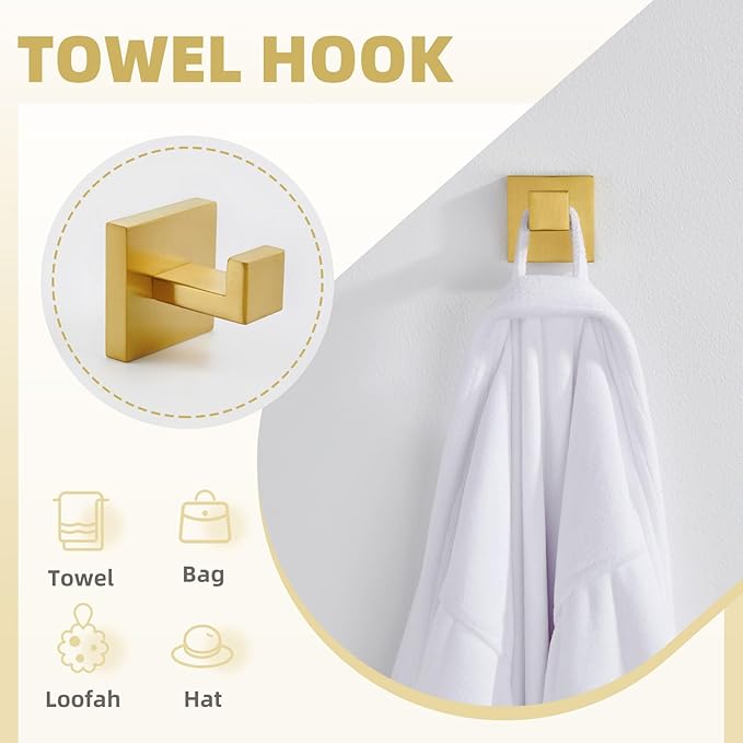 Bathroom Hardware Set 4-Piece, Angle Simple SUS304 Stainless Steel Bath Accessory Kit, Bathroom Fixture Set with Robe Hook, Toilet Paper Holder, Towel Holder and Towel Bar Brassy Gold