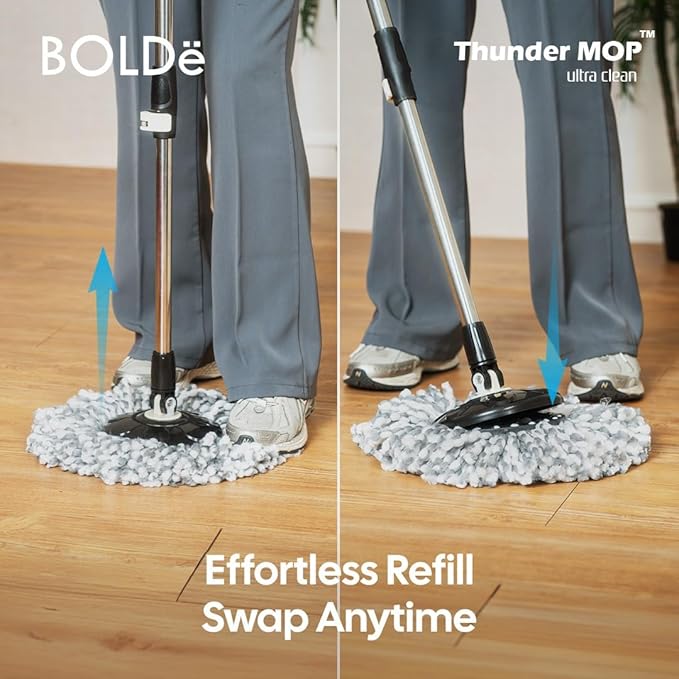 Thunder MOP Spin System - Ultra Clean - Single Bucket Microfiber Head, Stainless Steel Wringer, Antifungal Quick-Dry Cleaning, Soap Dispenser, 3 Free Refills (Navy/Cyan)