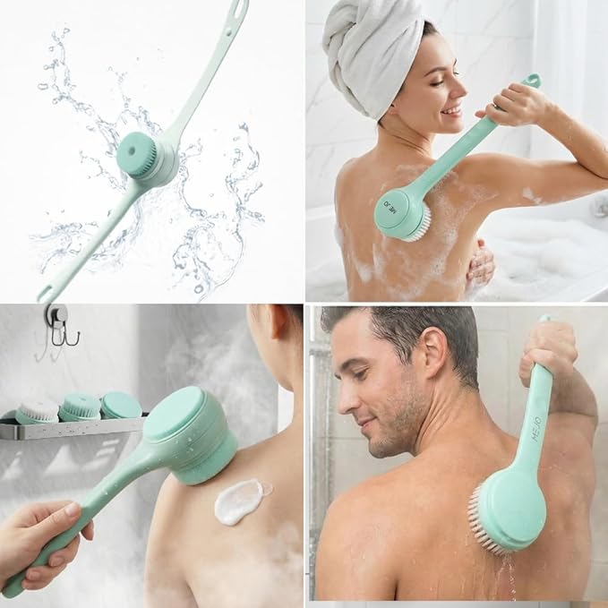 ME JO Electric Body Brush Back Scrubber for Shower | Massaging Spin Brush | 5 Replacement Heads | Waterproof | Rechargeable |Shower Back Scrubber for Men Women | Exfoliating Bath Brush(Green)
